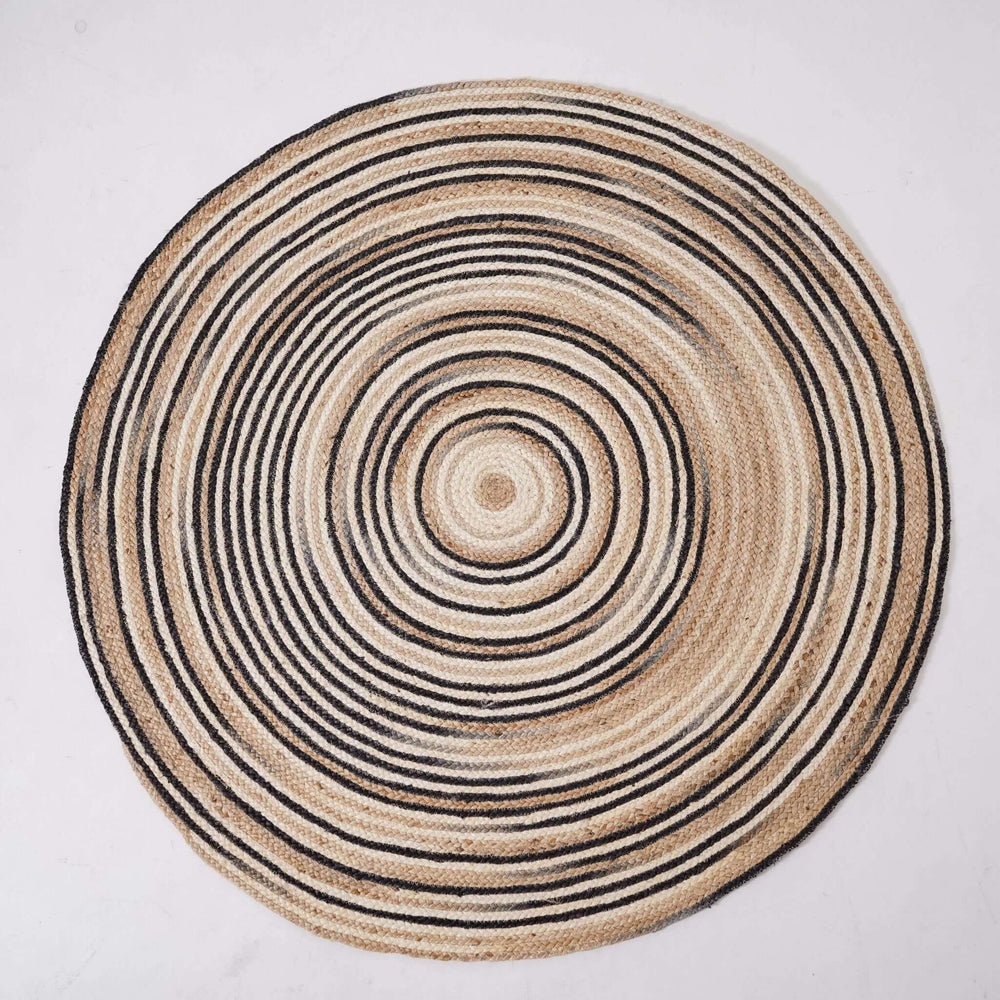 Natural Hand - Braided Hemp Round Rug with Black Spiral Accents ¬ Eco - Friendly, Artisan Crafted - Gahlot International