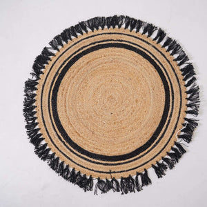 Natural Hemp Round Rug with Black Fringe ¬ Handbraided Accent for Cozy Spaces - Gahlot International