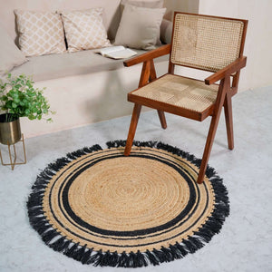 Natural Hemp Round Rug with Black Fringe ¬ Handbraided Accent for Cozy Spaces - Gahlot International