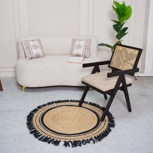 Natural Hemp Round Rug with Black Fringe ¬ Handbraided Accent for Cozy Spaces - Gahlot International