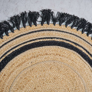 Natural Hemp Round Rug with Black Fringe ¬ Handbraided Accent for Cozy Spaces - Gahlot International