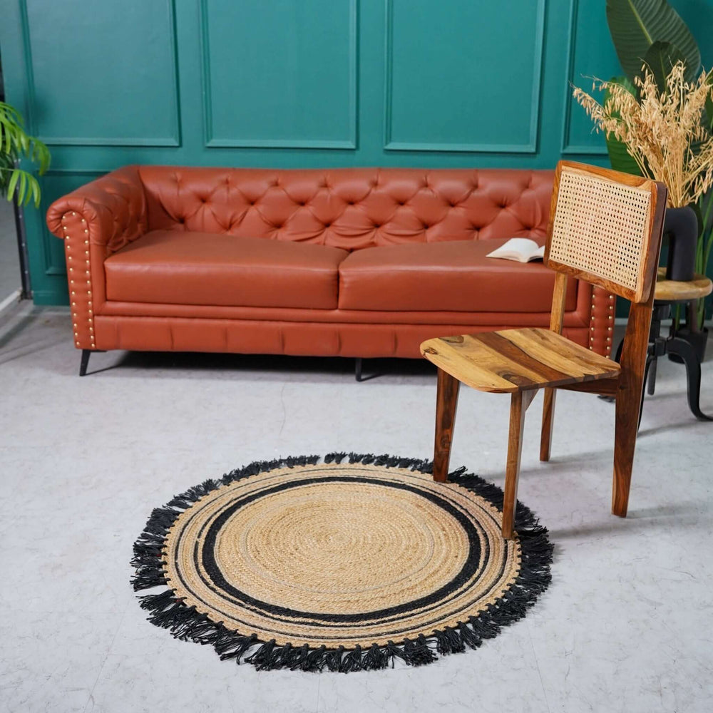 Natural Hemp Round Rug with Black Fringe ¬ Handbraided Accent for Cozy Spaces - Gahlot International