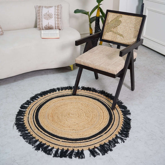 Natural Hemp Round Rug with Black Fringe – Handbraided Accent for Cozy Spaces - Gahlot International