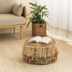 Round Handmade Wool - Jute Pouf with Fringe Detailing | 42X42X21 Cm - Gahlot International