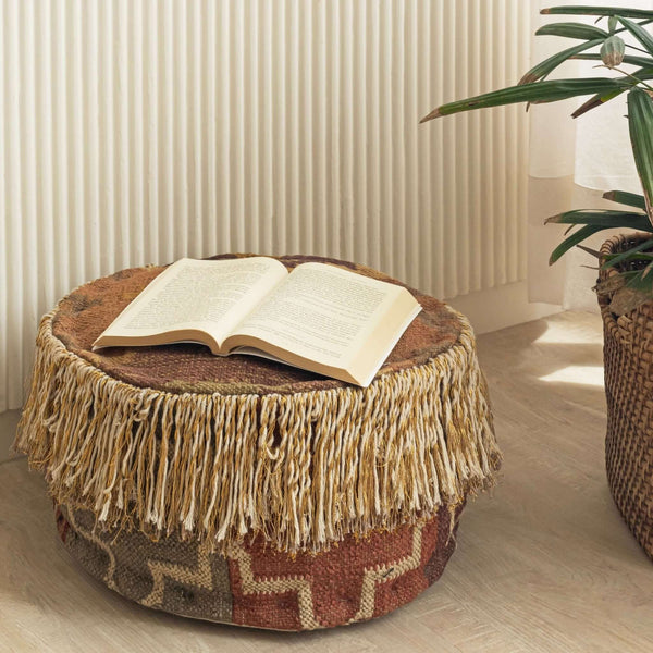 Round Handmade Wool - Jute Pouf with Fringe Detailing | 42X42X21 Cm - Gahlot International