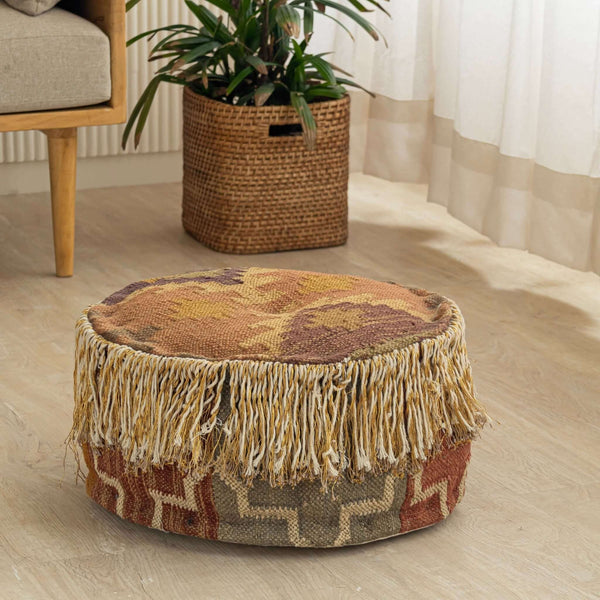 Round Handmade Wool - Jute Pouf with Fringe Detailing | 42X42X21 Cm - Gahlot International