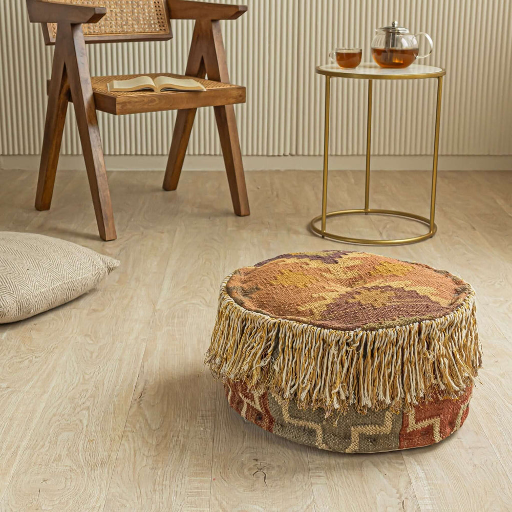Round Handmade Wool - Jute Pouf with Fringe Detailing | 42X42X21 Cm - Gahlot International