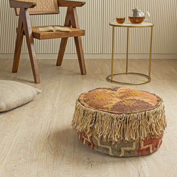 Round Handmade Wool - Jute Pouf with Fringe Detailing | 42X42X21 Cm - Gahlot International