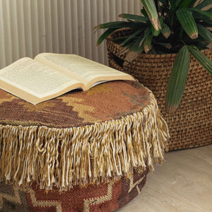 Round Handmade Wool - Jute Pouf with Fringe Detailing | 42X42X21 Cm - Gahlot International