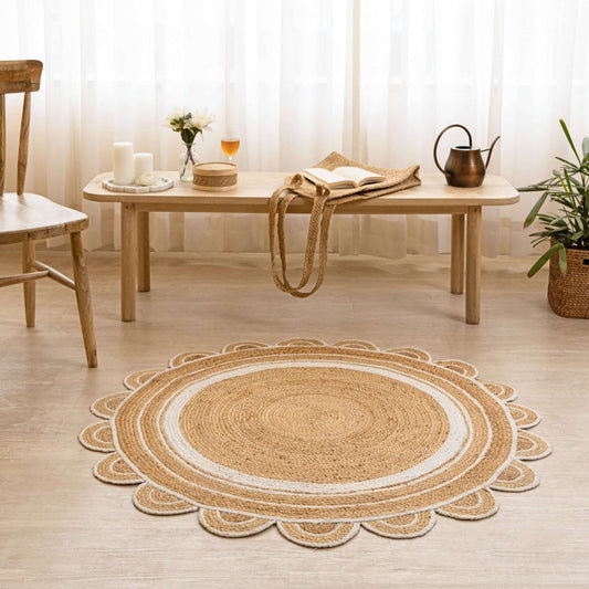 Round Scalloped Hand - Braided Hemp Rug – Natural & White Round Strip Design - Gahlot International