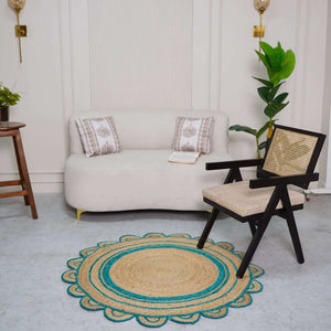 Round Scalloped Hand - Braided Hemp Rug ¬ Natural & White Round Strip Design - Gahlot International