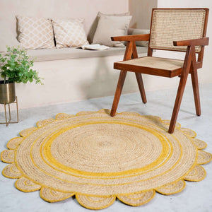 Round Scalloped Hand - Braided Hemp Rug ¬ Natural & White Round Strip Design - Gahlot International