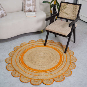Round Scalloped Hand - Braided Hemp Rug ¬ Natural & White Round Strip Design - Gahlot International