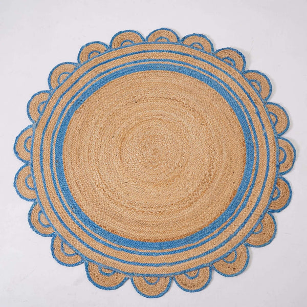 Round Scalloped Hand - Braided Hemp Rug ¬ Natural & White Round Strip Design - Gahlot International