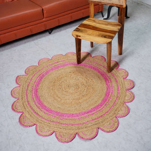 Round Scalloped Hand - Braided Hemp Rug ¬ Natural & White Round Strip Design - Gahlot International