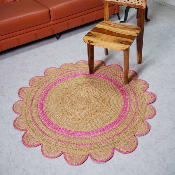 Round Scalloped Hand - Braided Hemp Rug ¬ Natural & White Round Strip Design - Gahlot International
