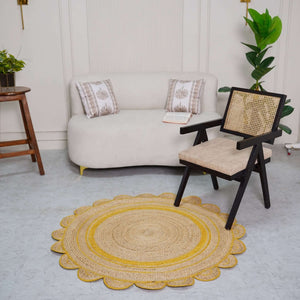 Round Scalloped Hand - Braided Hemp Rug ¬ Natural & White Round Strip Design - Gahlot International
