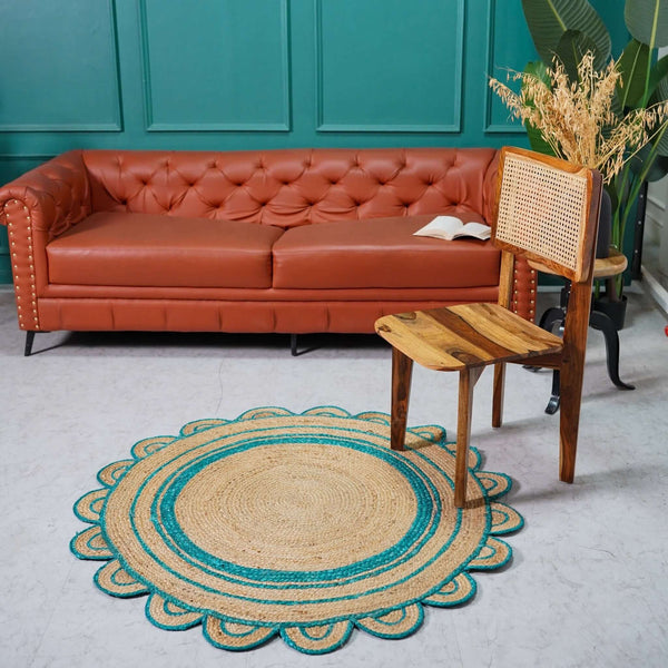 Round Scalloped Hand - Braided Hemp Rug ¬ Natural & White Round Strip Design - Gahlot International