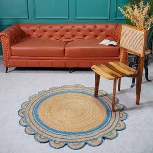 Round Scalloped Hand - Braided Hemp Rug ¬ Natural & White Round Strip Design - Gahlot International