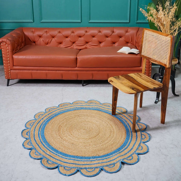 Round Scalloped Hand - Braided Hemp Rug ¬ Natural & White Round Strip Design - Gahlot International
