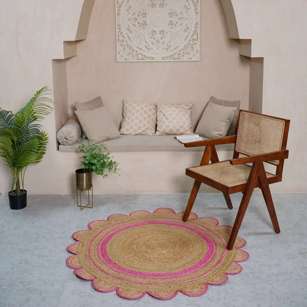 Round Scalloped Hand - Braided Hemp Rug ¬ Natural & White Round Strip Design - Gahlot International