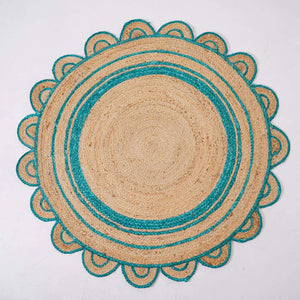 Round Scalloped Hand - Braided Hemp Rug ¬ Natural & White Round Strip Design - Gahlot International