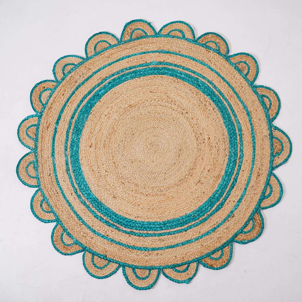 Round Scalloped Hand - Braided Hemp Rug ¬ Natural & White Round Strip Design - Gahlot International