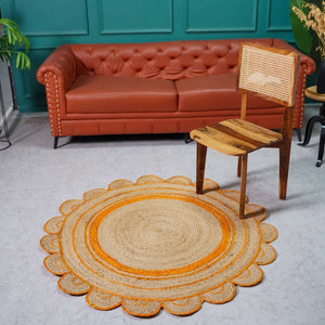 Round Scalloped Hand - Braided Hemp Rug ¬ Natural & White Round Strip Design - Gahlot International