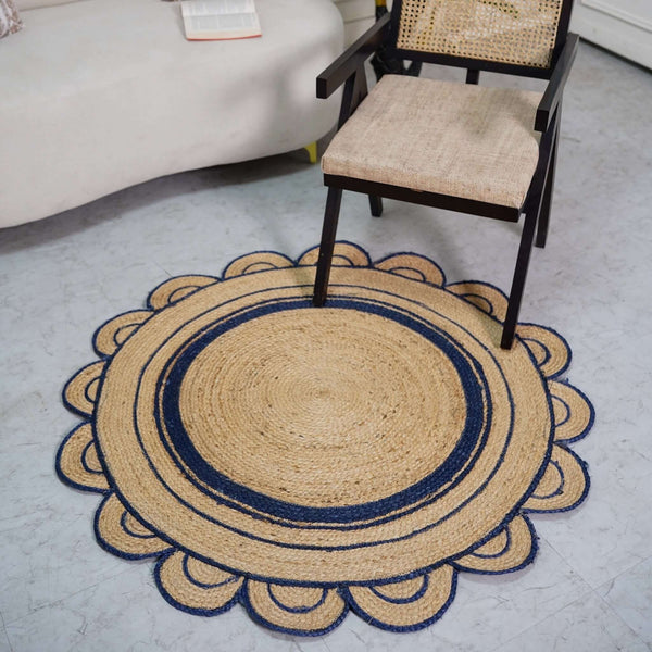 Round Scalloped Hand - Braided Hemp Rug ¬ Natural & White Round Strip Design - Gahlot International