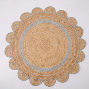 Round Scalloped Hand - Braided Hemp Rug ¬ Natural & White Round Strip Design - Gahlot International