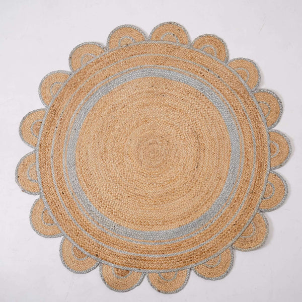 Round Scalloped Hand - Braided Hemp Rug ¬ Natural & White Round Strip Design - Gahlot International