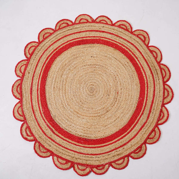 Round Scalloped Hand - Braided Hemp Rug ¬ Natural & White Round Strip Design - Gahlot International