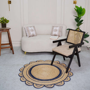 Round Scalloped Hand - Braided Hemp Rug ¬ Natural & White Round Strip Design - Gahlot International