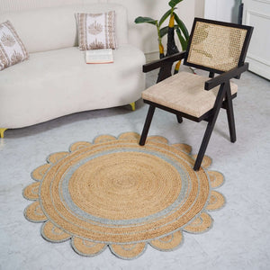 Round Scalloped Hand - Braided Hemp Rug ¬ Natural & White Round Strip Design - Gahlot International