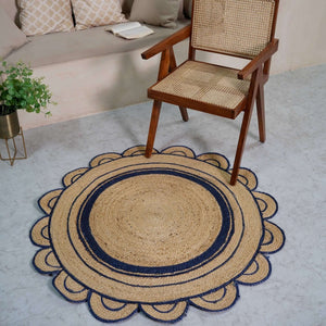 Round Scalloped Hand - Braided Hemp Rug ¬ Natural & White Round Strip Design - Gahlot International