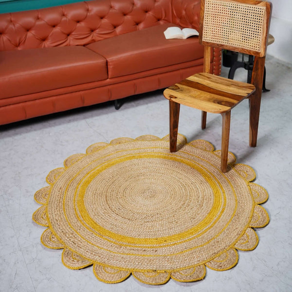 Round Scalloped Hand - Braided Hemp Rug ¬ Natural & White Round Strip Design - Gahlot International