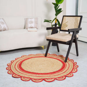 Round Scalloped Hand - Braided Hemp Rug ¬ Natural & White Round Strip Design - Gahlot International