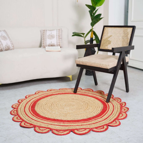 Round Scalloped Hand - Braided Hemp Rug ¬ Natural & White Round Strip Design - Gahlot International