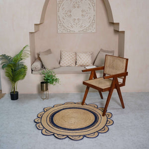 Round Scalloped Hand - Braided Hemp Rug ¬ Natural & White Round Strip Design - Gahlot International