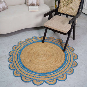 Round Scalloped Hand - Braided Hemp Rug ¬ Natural & White Round Strip Design - Gahlot International