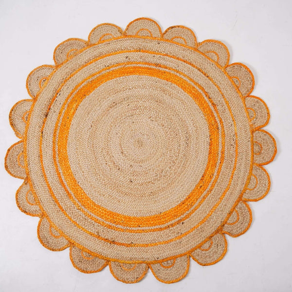Round Scalloped Hand - Braided Hemp Rug ¬ Natural & White Round Strip Design - Gahlot International