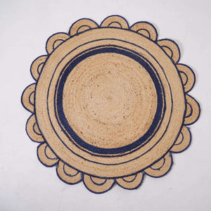 Round Scalloped Hand - Braided Hemp Rug ¬ Natural & White Round Strip Design - Gahlot International