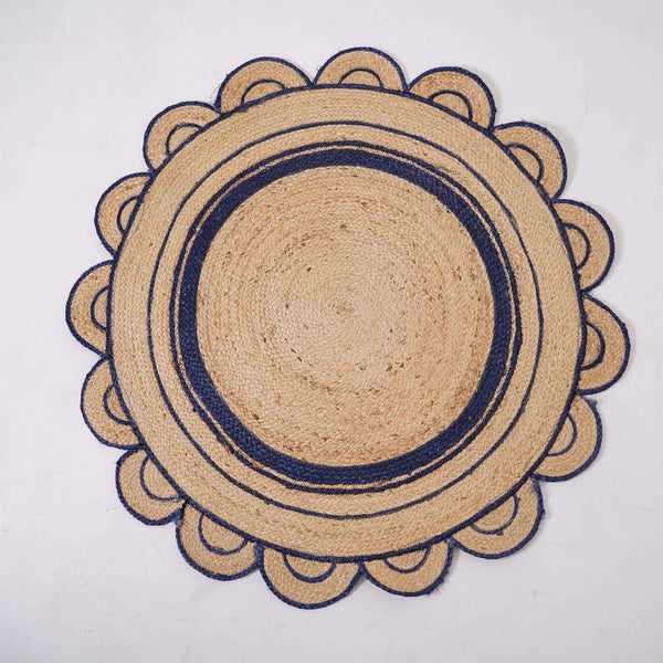 Round Scalloped Hand - Braided Hemp Rug ¬ Natural & White Round Strip Design - Gahlot International