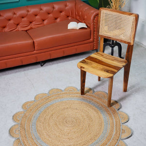 Round Scalloped Hand - Braided Hemp Rug ¬ Natural & White Round Strip Design - Gahlot International