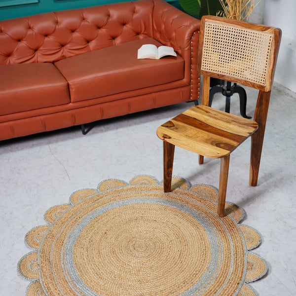 Round Scalloped Hand - Braided Hemp Rug ¬ Natural & White Round Strip Design - Gahlot International