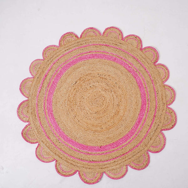 Round Scalloped Hand - Braided Hemp Rug ¬ Natural & White Round Strip Design - Gahlot International