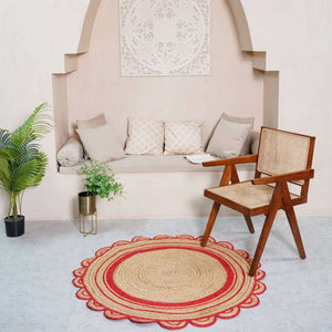 Round Scalloped Hand - Braided Hemp Rug ¬ Natural & White Round Strip Design - Gahlot International