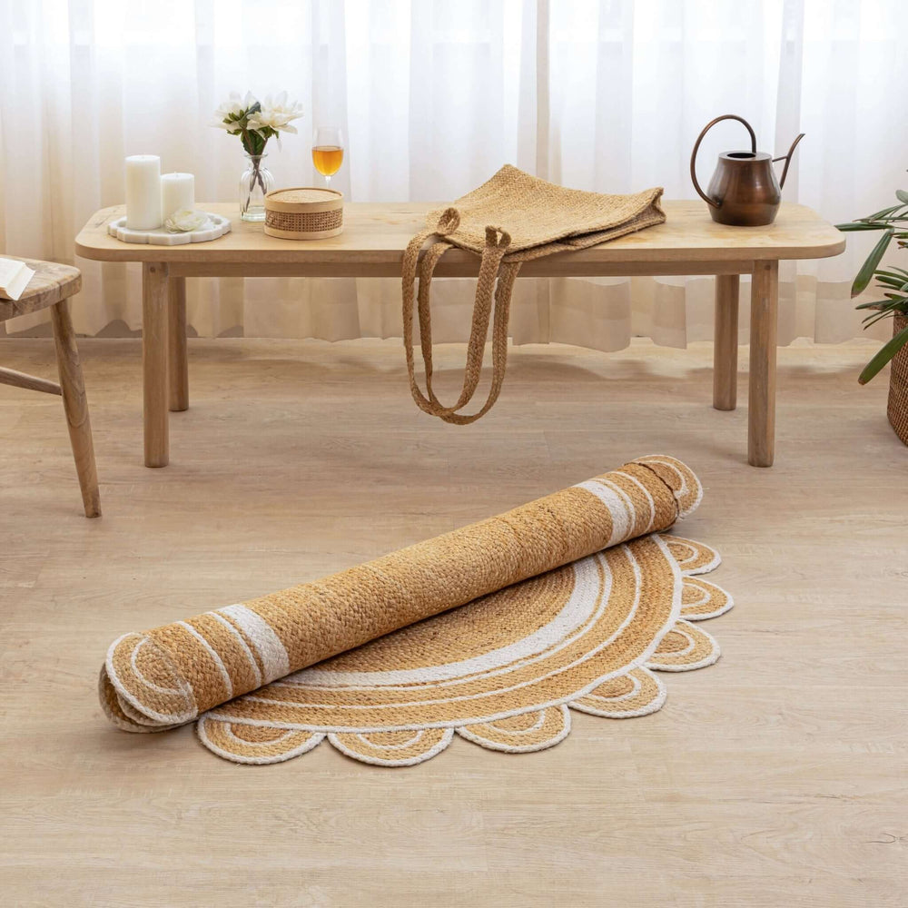 Round Scalloped Hand - Braided Hemp Rug ¬ Natural & White Round Strip Design - Gahlot International