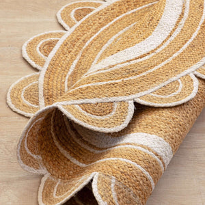 Round Scalloped Hand - Braided Hemp Rug ¬ Natural & White Round Strip Design - Gahlot International