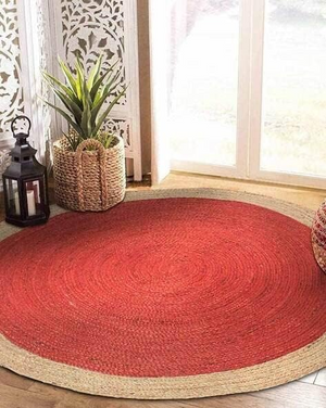 Handwoven Red Jute Round Rug with Natural Border Braided Boho Area Rug